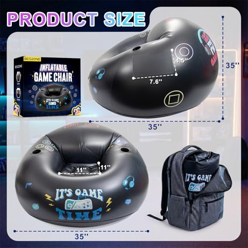 BESZONE Inflatable Gaming Chair for Kids and Teens with Cup Holders and Side Pocket Blow Up Bean Bag Gaming Chair for Boys Comfortable Inflatable Lounge Seat for Gamer Room Decor and Boys Room Furniture - Image 3