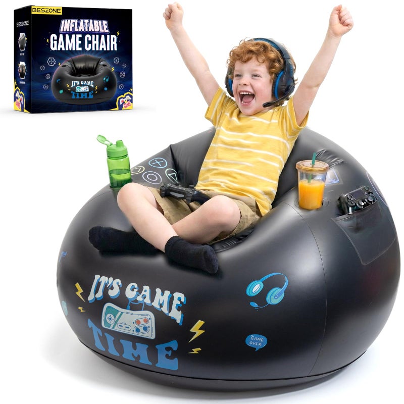 BESZONE Inflatable Gaming Chair for Kids and Teens with Cup Holders and Side Pocket Blow Up Bean Bag Gaming Chair for Boys Comfortable Inflatable Lounge Seat for Gamer Room Decor and Boys Room Furniture - Image 2