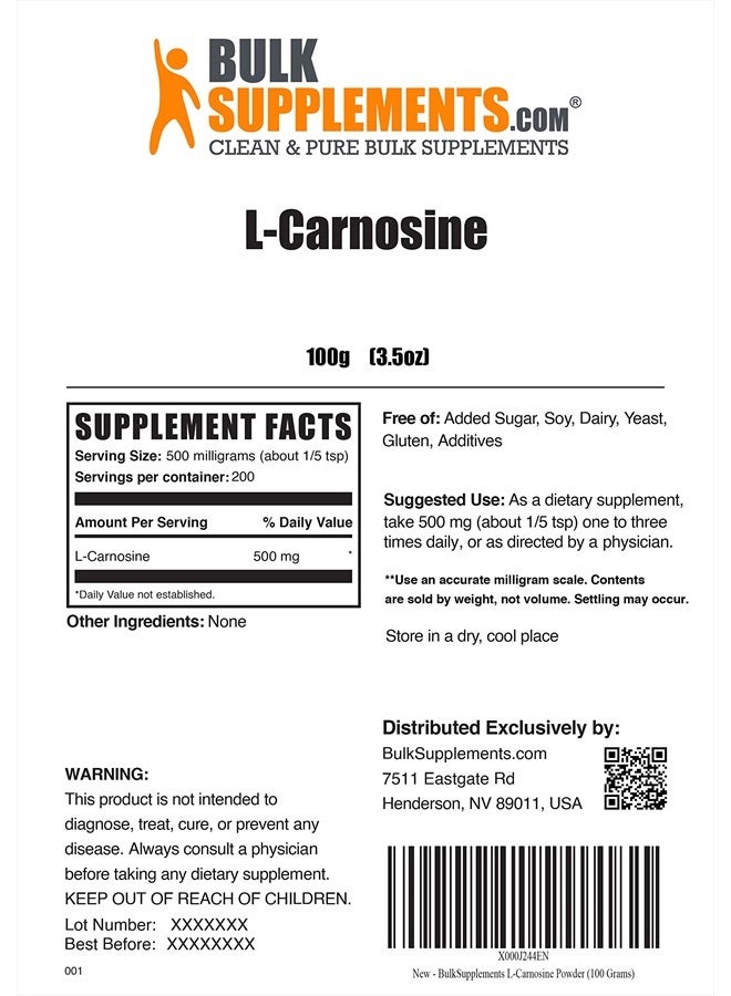 BULKSUPPLEMENTS.COM L-Carnosine Powder Eye Supplement - Nerve Support - Amino for Brain (100 Grams - 3.5 oz) - Image 2
