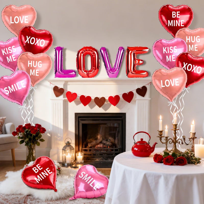 HALOGATE 16 Pcs Valentines Day Decorations  Love Letter Balloon  18 Inch Foil Heart Shaped Balloons Xoxo Be Mine Kiss Me Hug Me Red Pink Romantic Valentines Decor For Wedding Anniversary Galentines Day Party - Image 3