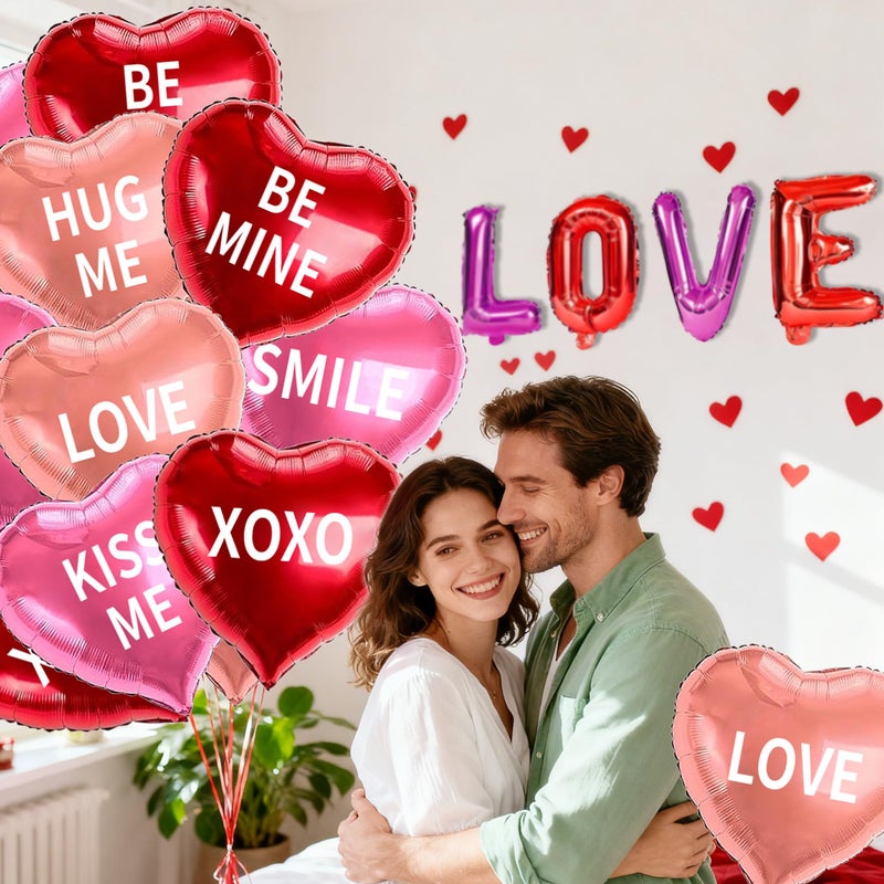 HALOGATE 16 Pcs Valentines Day Decorations  Love Letter Balloon  18 Inch Foil Heart Shaped Balloons Xoxo Be Mine Kiss Me Hug Me Red Pink Romantic Valentines Decor For Wedding Anniversary Galentines Day Party - Image 5
