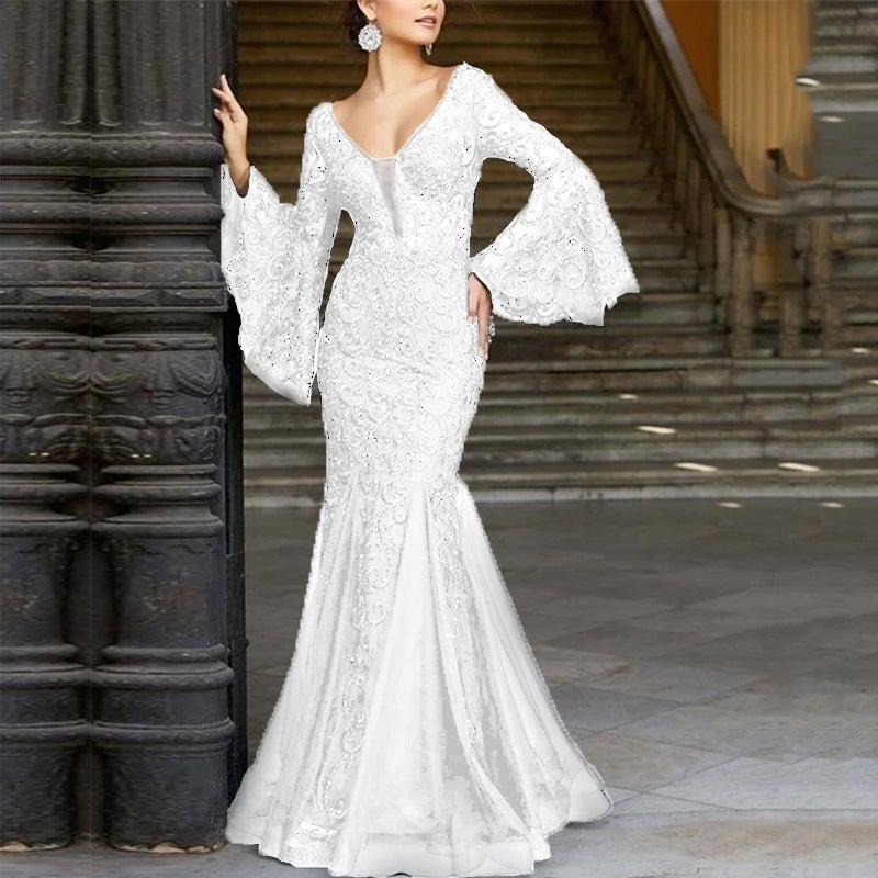 2024 New Euro-American Lace Embroidered Mermaid Gown White White - Image 1
