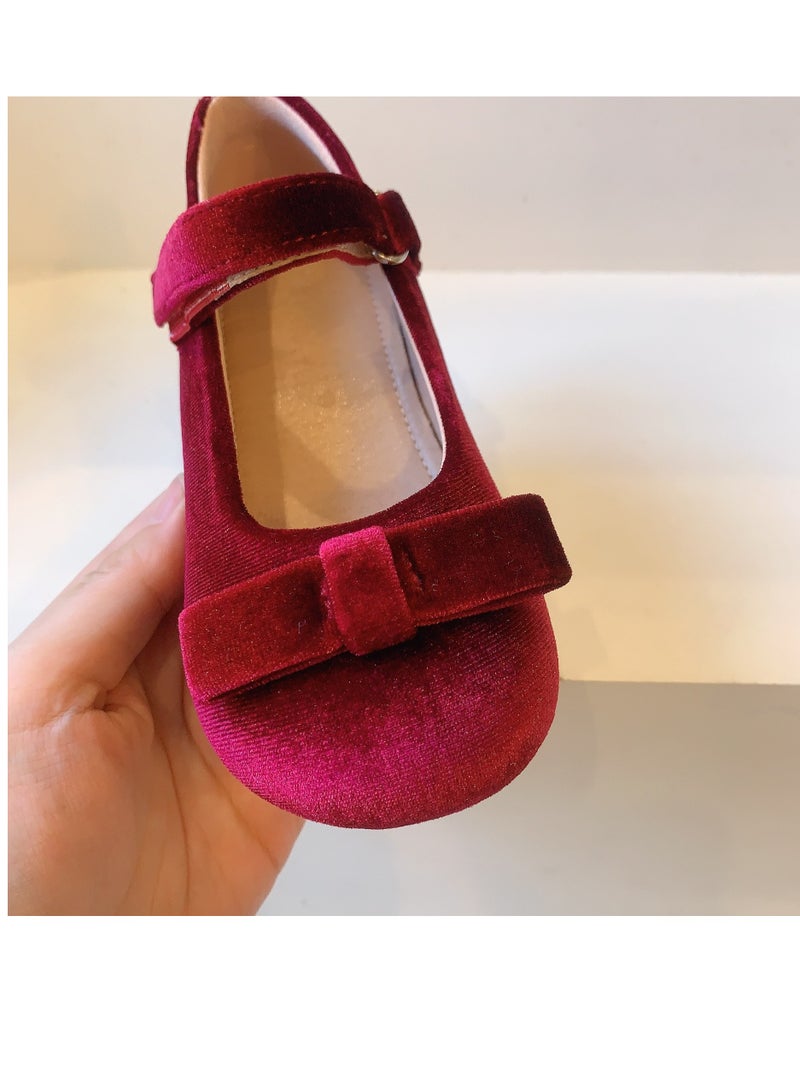 Bow Velvet Children's Single Shoes Princess Shallow Mouth Leather Shoes - Image 2