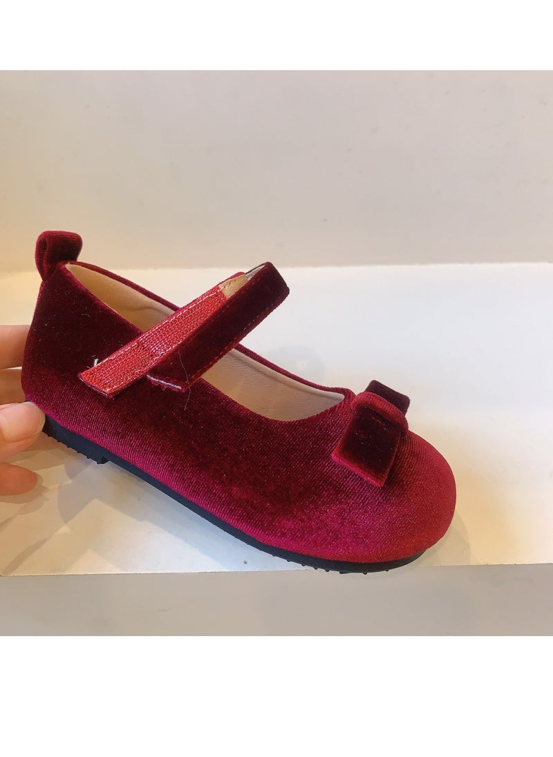 Bow Velvet Children's Single Shoes Princess Shallow Mouth Leather Shoes - Image 1