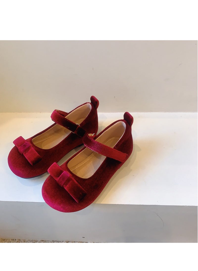 Bow Velvet Children's Single Shoes Princess Shallow Mouth Leather Shoes - Image 3