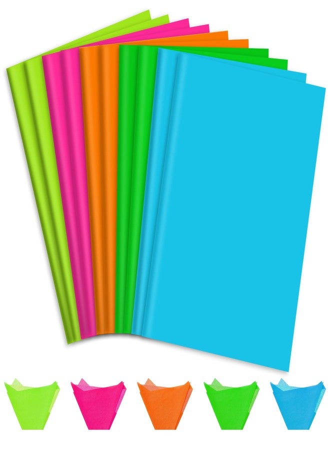 Whaline 100 Sheets Neon Tissue Paper Fluorescent Color Wrapping Paper Green Pink Blue Orange Decorative Art Paper for Birthday Baby Shower Party DIY Crafts, 14 x 20 Inch - Image 1