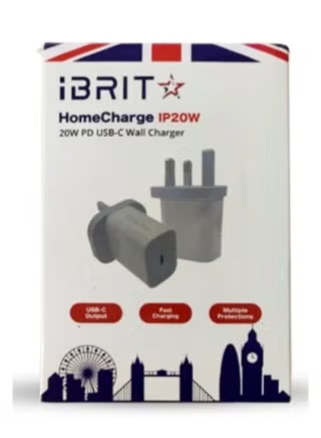 إبريت شاحن حائط iBrit HomeCharge IP20W USB-C بقوة 20 واط بتقنية PD مع قابس بريطاني ثلاثي قياسي - Image 1