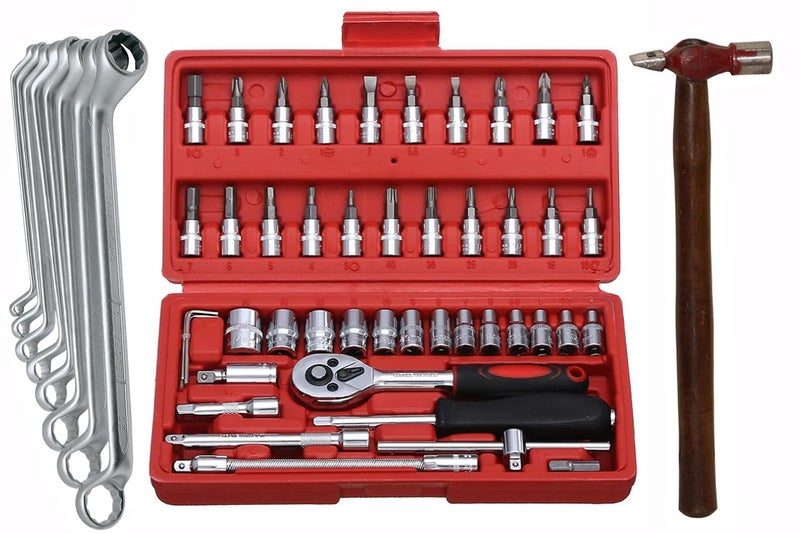 Digital Craft Hand Tool Kit Car Ratchet Wrench Assembly Tool Household Repair Tools Automotive Set Socket Set 46Pc8Pc Ring Spanner SetHammer 200 gm - Image 1
