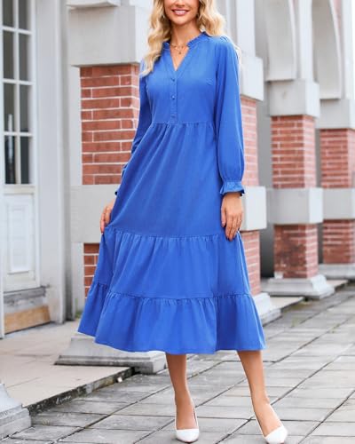YEXPINE Women’s Corduroy Midi Dress Fall Winter Long Sleeve Ruffle V Neck Button Down Flowy Tiered Shirt Dresses with Pockets Blue - Image 5