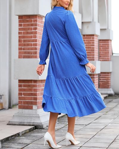 YEXPINE Women’s Corduroy Midi Dress Fall Winter Long Sleeve Ruffle V Neck Button Down Flowy Tiered Shirt Dresses with Pockets Blue - Image 2