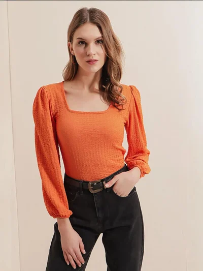 BIG DART BDART Textured Square Collar Long Sleeve Blouse