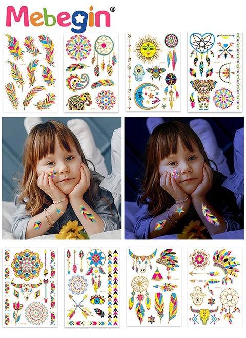 8 Sheets Luminous Temporary Tattoos Stickers, Waterproof Long-lasting Tattoos, High-quality Face and Body Stickers with Attractive Design, Easy to Use and Remove, Versatile Party Decoration