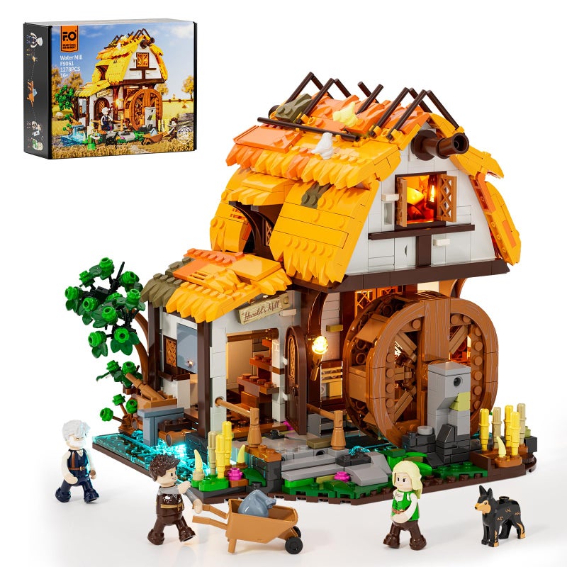 FUNWHOLE Medieval Water-Mill Lighting Building-Bricks Set - Middle Age Milling House Collection LED Light Building Construction Model Sets 1278 Pcs for Adults and Teen - Image 1