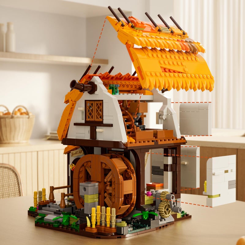 FUNWHOLE Medieval Water-Mill Lighting Building-Bricks Set - Middle Age Milling House Collection LED Light Building Construction Model Sets 1278 Pcs for Adults and Teen - Image 5
