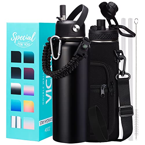 Water Bottle with Straw  40 oz Stainless Steel Water Bottles Big Water Jug Vacuum Insulated Waterbottle with Paracord Handle StrawAuto Spout Lid Strap Sleeve Metal Reusable Water Bottle Black