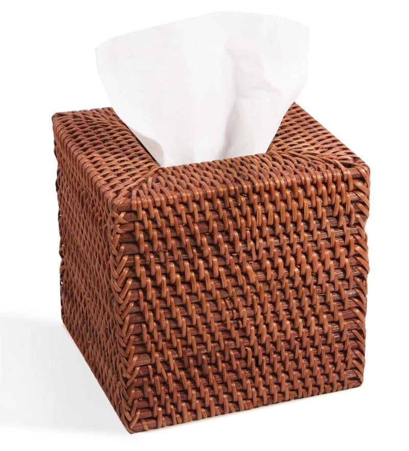 Livelab Natural Rattan Tissue Box Cover Square Hand Woven Tissue Box Holder Tissue Box Case Organizer 55X55X57 Honey Brown