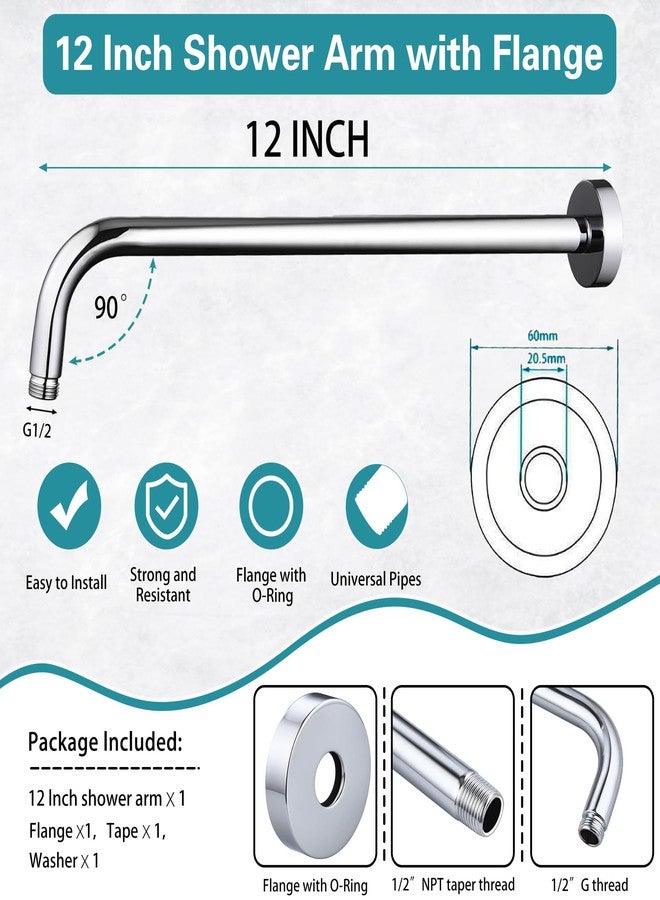 Enoughmen 12 Inch Shower Arm with Flange,Stainless Steel 90 Degree Rain Shower Head Extension Arm,Wall-Mounted Shower Head Arm for Fixed Shower Head,Chrome - Image 2
