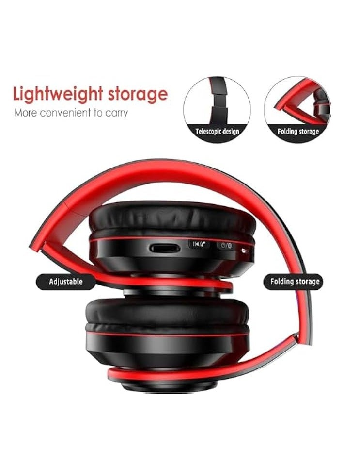 PROMASS Bluetooth Headphones Over Ear, Lightweight Headset for Smart Phone/TV/PC, Passive Noise Reduction Built-in HD Mic, LED Foldable Stereo Headphones for Gaming with Volume Control (Red) - Image 2