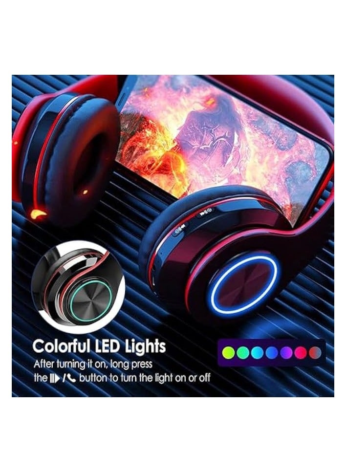 PROMASS Bluetooth Headphones Over Ear, Lightweight Headset for Smart Phone/TV/PC, Passive Noise Reduction Built-in HD Mic, LED Foldable Stereo Headphones for Gaming with Volume Control (Red) - Image 4