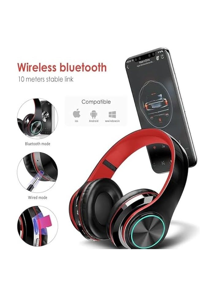 PROMASS Bluetooth Headphones Over Ear, Lightweight Headset for Smart Phone/TV/PC, Passive Noise Reduction Built-in HD Mic, LED Foldable Stereo Headphones for Gaming with Volume Control (Red) - Image 3