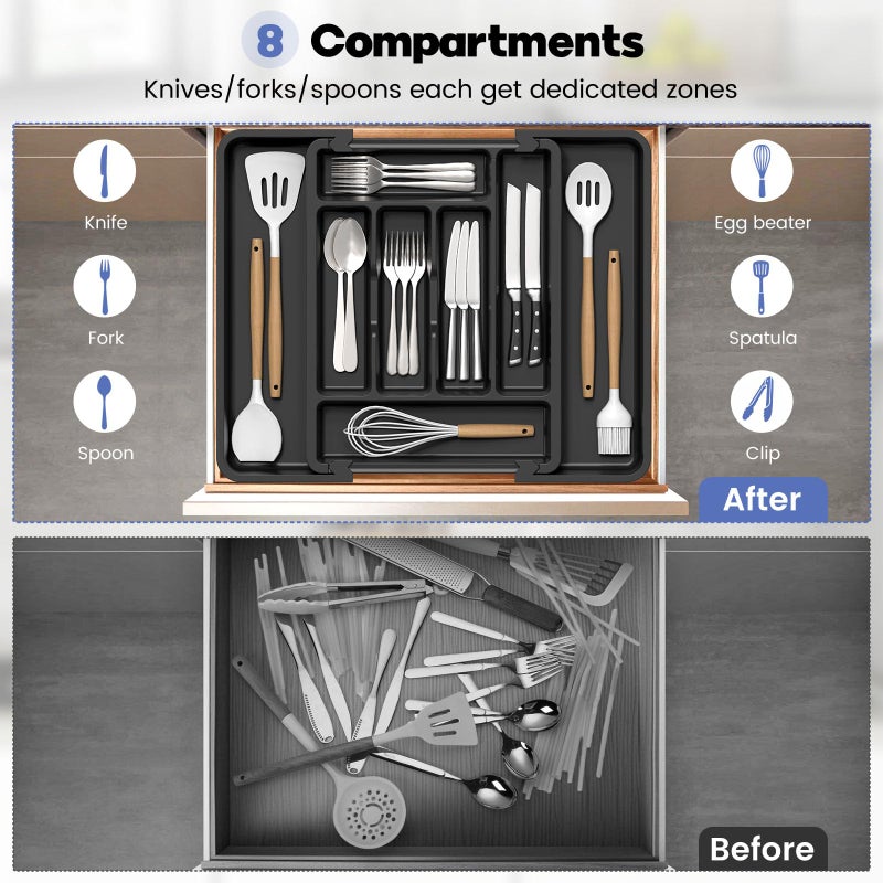 Caperci Large Silverware Organizer for Kitchen Drawer & Utensils - Expandable Drawer Organizer for Cutlery, Flatware & Gadget, BPA-Free Thick Plastic, Wider Compartments & Non-skid Feet (Black) - Image 5
