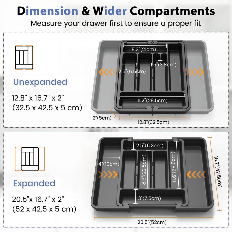 Caperci Large Silverware Organizer for Kitchen Drawer & Utensils - Expandable Drawer Organizer for Cutlery, Flatware & Gadget, BPA-Free Thick Plastic, Wider Compartments & Non-skid Feet (Black) - Image 2