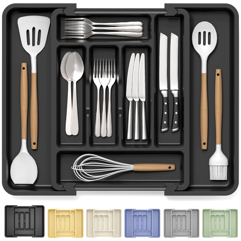Caperci Large Silverware Organizer for Kitchen Drawer & Utensils - Expandable Drawer Organizer for Cutlery, Flatware & Gadget, BPA-Free Thick Plastic, Wider Compartments & Non-skid Feet (Black) - Image 1