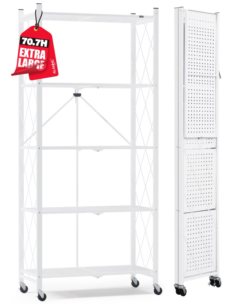 ALANNG 707 H Metal Storage Shelves 5 Tier Folding Shelf on Wheels Heavy Duty No Assembly Rolling Collapsible Rack Unit for Kitchen Basement Pantry White1 Pack
