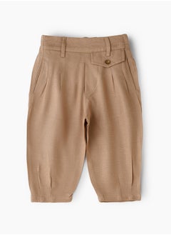 Girls' Pleated Beige Pants with Button Detail