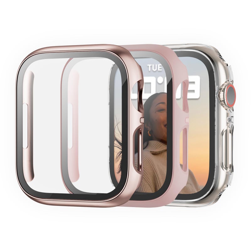 Cuteey Apple Watch Series 7/45mm Hard PC Cover with Tempered Glass Screen Protector, Rose+Pink+Clear - Image 1