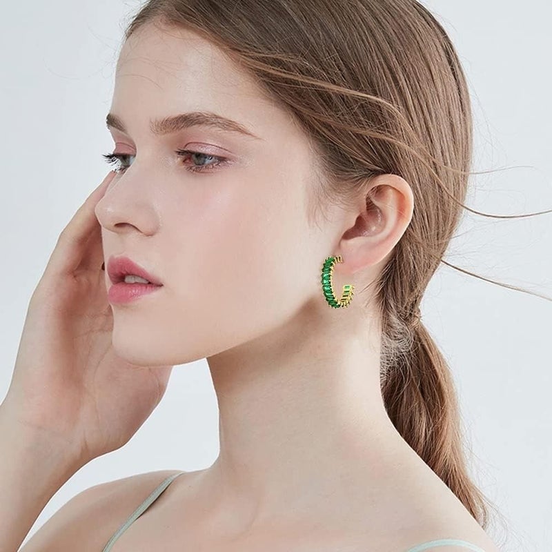 18K Gold Plated C Shaped Cubic Zirconia Chunky Small Hoop Earrings Women - Image 3