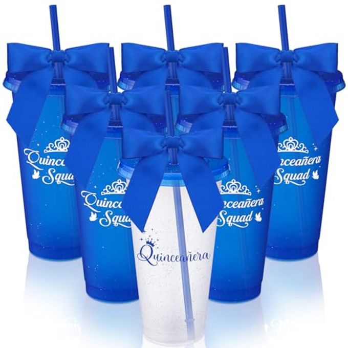 Jingmore 6 Pcs Quinceanera Party Favors for Guests 15th Quinceaera Squad Reusable Tumbler with Straw Lid Twist Bow 24 oz Spanish Gift 15 Birthday Party Thank You Gifts (Blue)