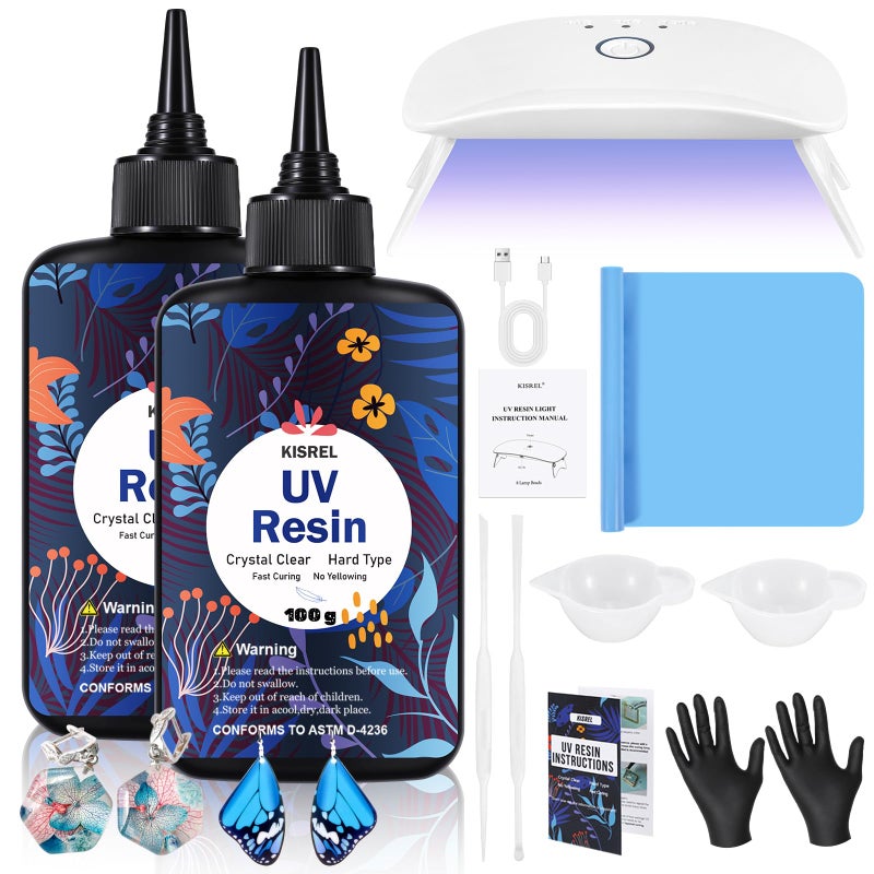 KISREL UV Resin with Light - 200g Upgraded Hard Type Crystal Clear Ultraviolet Curing UV Resin Kit, 8 Lamp Beads UV Light, Resin Kit with Light for Craft Jewelry Making - Image 1