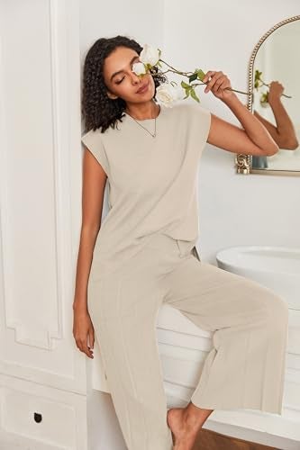 Ekouaer Lounge Sets for Women Two Piece Outfits Knit Cap Sleeve Tops Wide Leg Pleated Pants Casual Dressy Sweater Sets Beige - Image 3