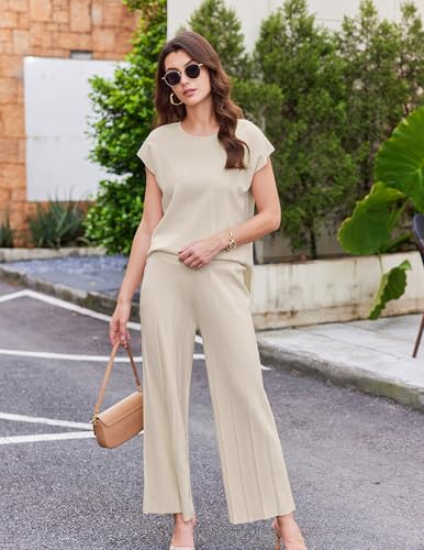 Ekouaer Lounge Sets for Women Two Piece Outfits Knit Cap Sleeve Tops Wide Leg Pleated Pants Casual Dressy Sweater Sets Beige - Image 4