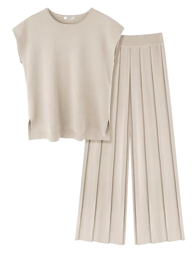 Ekouaer Lounge Sets for Women Two Piece Outfits Knit Cap Sleeve Tops Wide Leg Pleated Pants Casual Dressy Sweater Sets Beige - Image 1