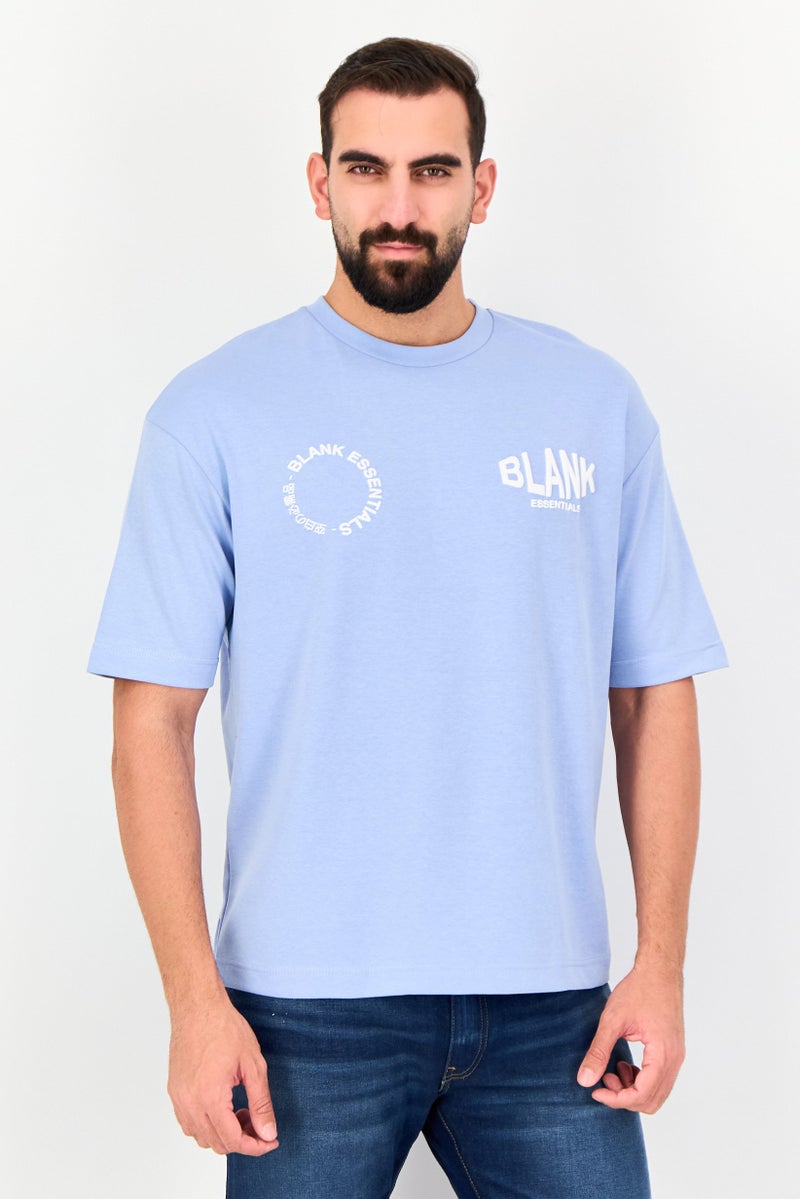 Blank Essentials Men Crew Neck Short Sleeve Brand Logo T-Shirt, Light Blue - Image 1