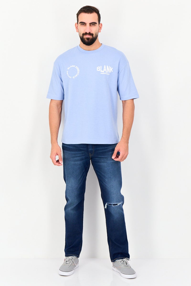 Blank Essentials Men Crew Neck Short Sleeve Brand Logo T-Shirt, Light Blue - Image 4