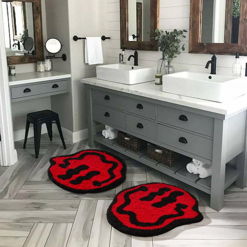 Estmy Trippy Cute 2ft Round Bathroom Rugs Red/Black Non Slip Rubber Backed Washable  Groovy Aesthetic Happy Face Abstract Hippie Retro Funny Cool Soft Plush Absorbent Bath Mat Shower Floor Rug - Image 2