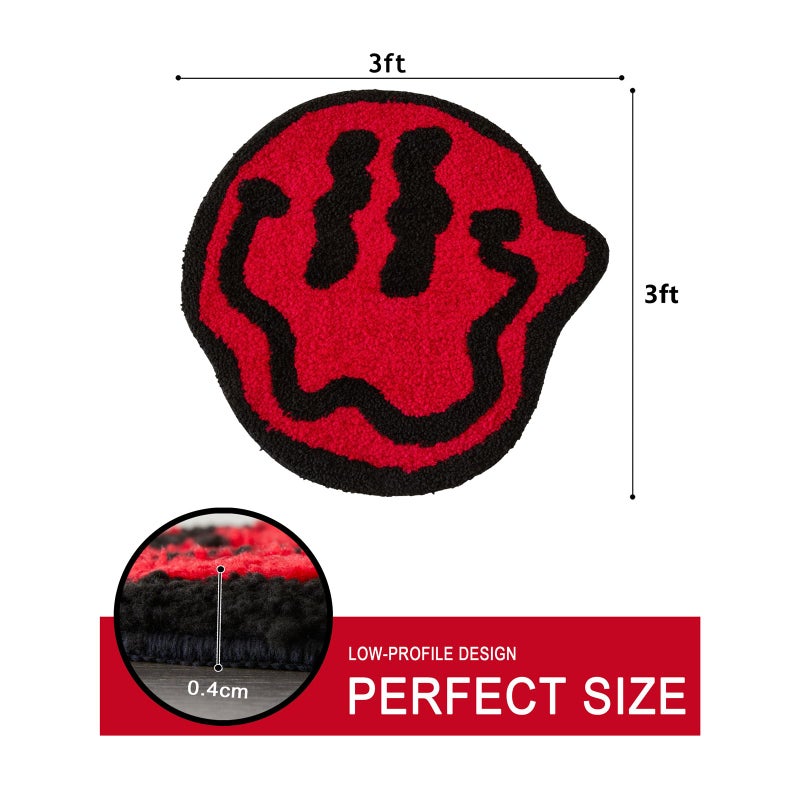 Estmy Trippy Cute 2ft Round Bathroom Rugs Red/Black Non Slip Rubber Backed Washable  Groovy Aesthetic Happy Face Abstract Hippie Retro Funny Cool Soft Plush Absorbent Bath Mat Shower Floor Rug - Image 3
