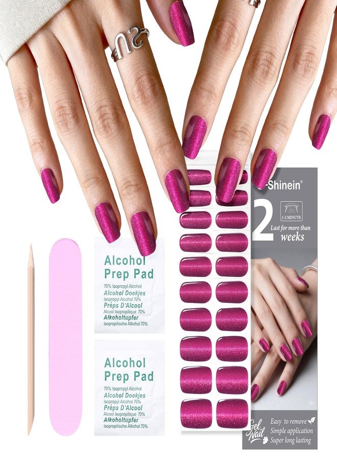 U-Shinein Semi Cured Gel Nail Strips, 20pcs Glitter Purple Cat Eye Gel Nail Sticker Easy Apply & Remove Long Lasting with UV Lamp Home Salon DIY Art for Women - Image 5