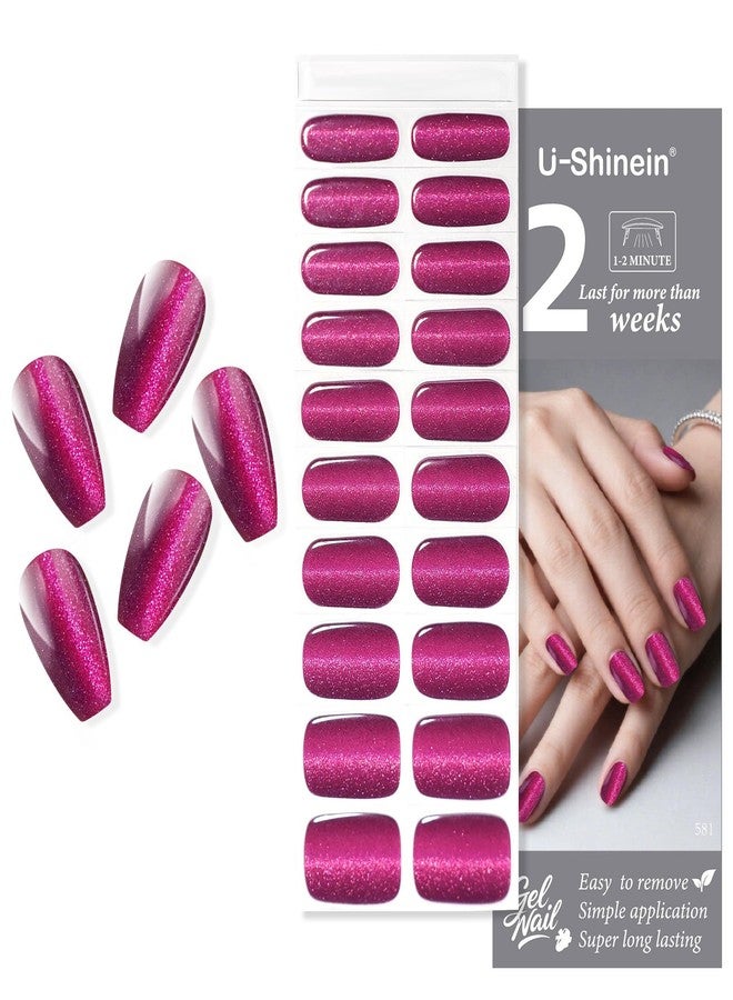 U-Shinein Semi Cured Gel Nail Strips, 20pcs Glitter Purple Cat Eye Gel Nail Sticker Easy Apply & Remove Long Lasting with UV Lamp Home Salon DIY Art for Women - Image 1