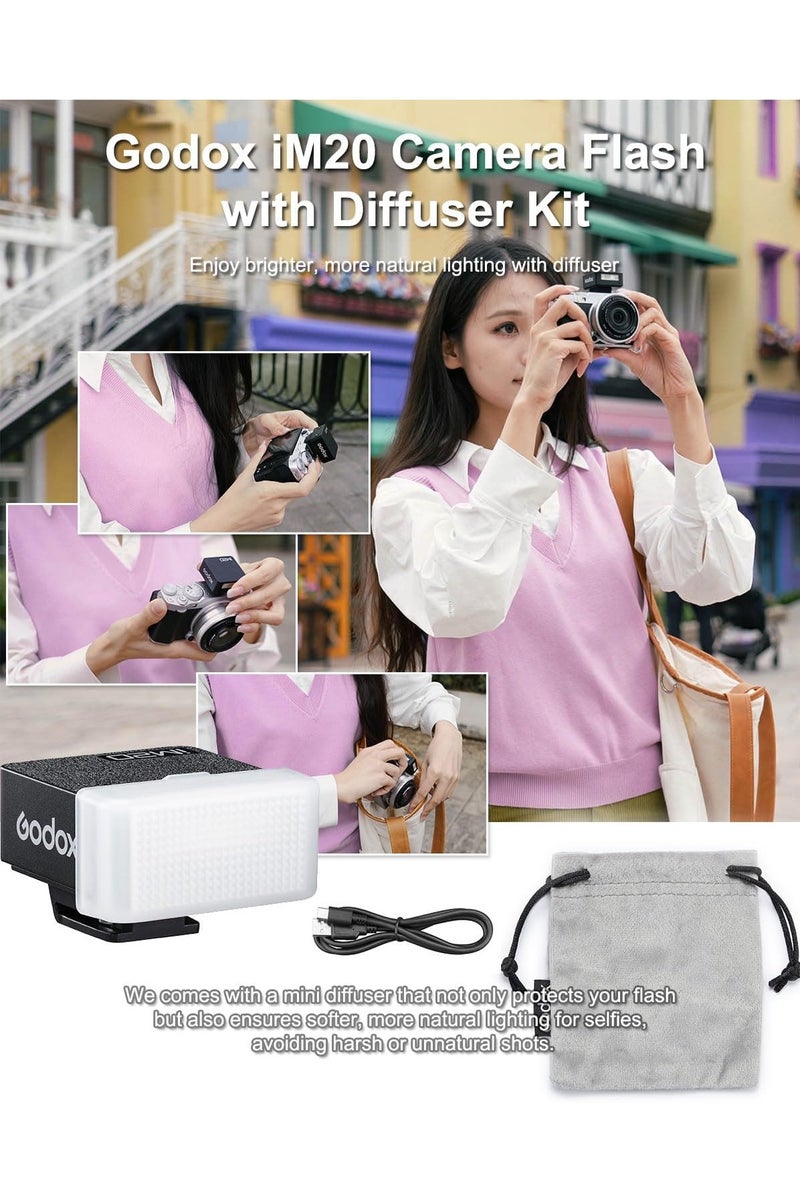 Godox iM20 Camera Flash with Diffuser, Mini Flash, Single-Contact Hotshoe, GN10,USB-C Charging, Built-in Battery with 5 Levels Flash Power, 440 Full-Power Flashes for Canon Sony Fuji Nikon Panasonic Olympus - Image 2