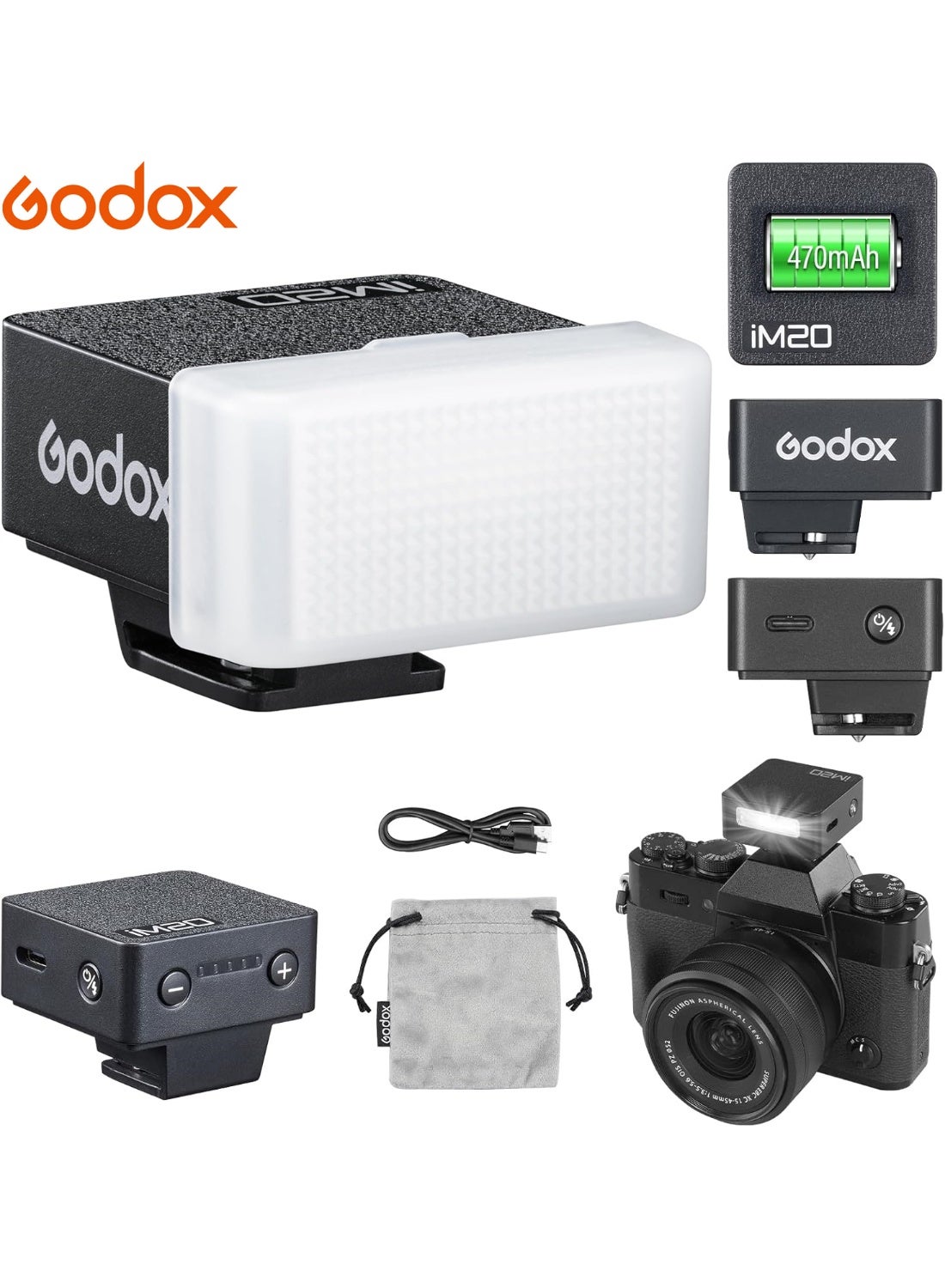 Godox iM20 Camera Flash with Diffuser, Mini Flash, Single-Contact Hotshoe, GN10,USB-C Charging, Built-in Battery with 5 Levels Flash Power, 440 Full-Power Flashes for Canon Sony Fuji Nikon Panasonic Olympus