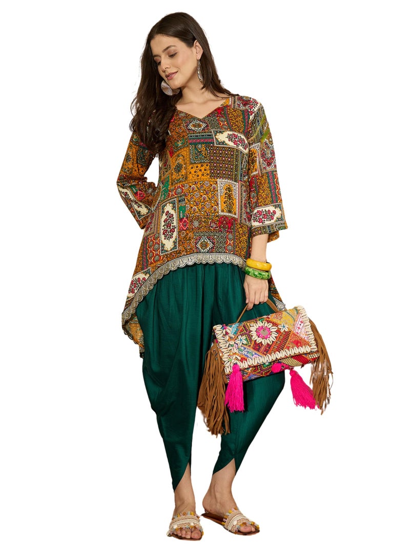 EthnicJunction Women's Rayon Batik Print High-Low C-Cut Kurta with Dhoti Pant Set (Mustard) - Image 1