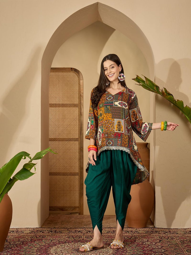 EthnicJunction Women's Rayon Batik Print High-Low C-Cut Kurta with Dhoti Pant Set (Mustard) - Image 4