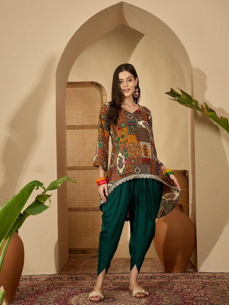 EthnicJunction Women's Rayon Batik Print High-Low C-Cut Kurta with Dhoti Pant Set (Mustard) - Image 5