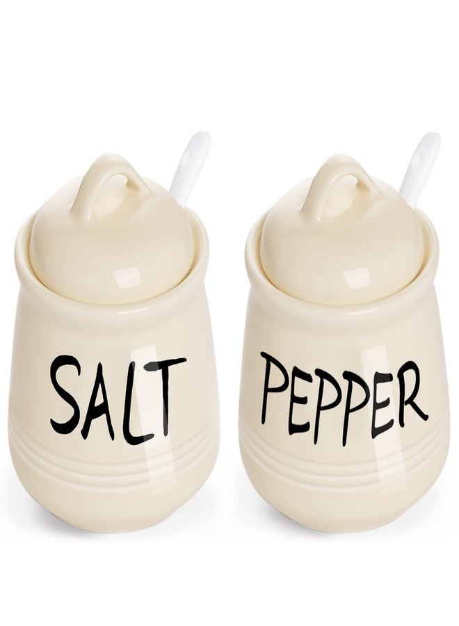 هاو توب طقم أوعية ملح وفلفل مع غطاء وملعقة - 12 أونصة من السيراميك، علب ملح وفلفل، صندوق توابل للمطبخ، ديكور مطبخ ريفي، بيج - Image 1