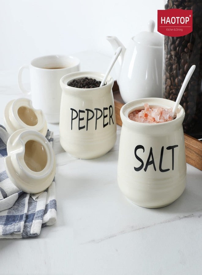 هاو توب طقم أوعية ملح وفلفل مع غطاء وملعقة - 12 أونصة من السيراميك، علب ملح وفلفل، صندوق توابل للمطبخ، ديكور مطبخ ريفي، بيج - Image 3
