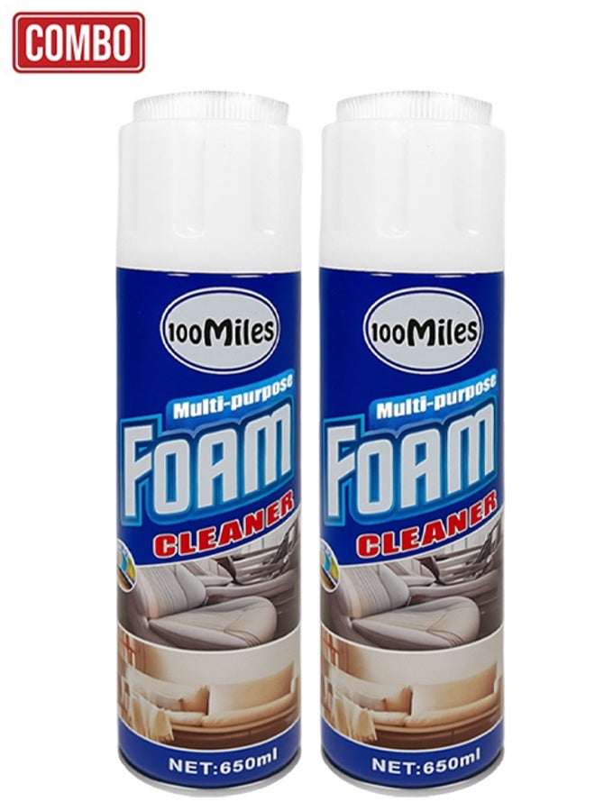 100مايلز كومبو - اشترِ قطعتين من منظف الرغوة متعدد الأغراض 100 ميلز، بخاخ تنظيف قوي سعة 650 مل، للأجزاء الداخلية للسيارة، والمقاعد القماشية، والجلد، ولوحة القيادة، وألواح الأبواب، وأسطح المطبخ، والأحذية، والمفروشات - سريع الجفاف وسهل الاستخدام - Image 1
